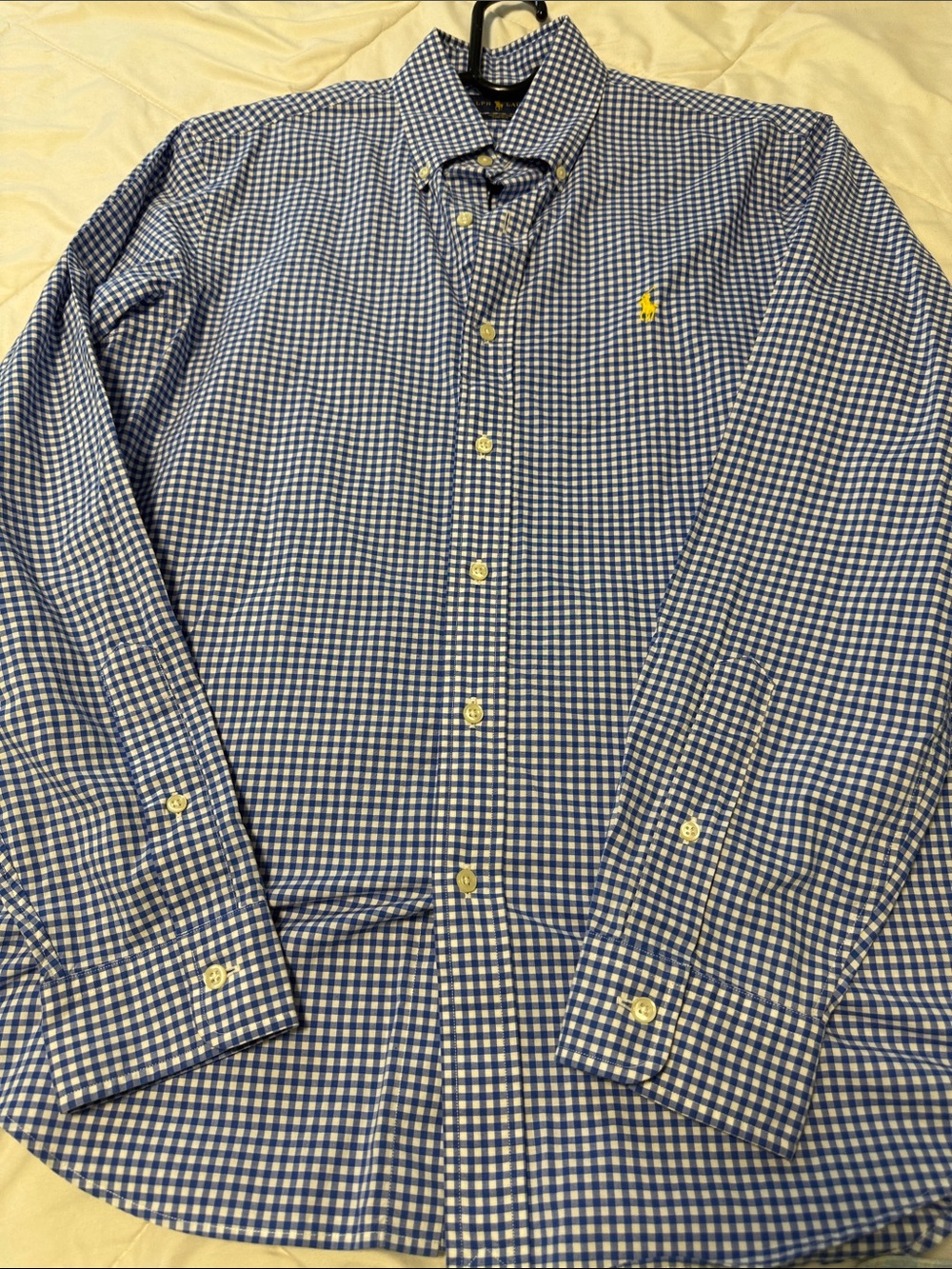 Ralph Lauren Blue & White Gingham Button-Down Shirt with Yellow Polo Logo